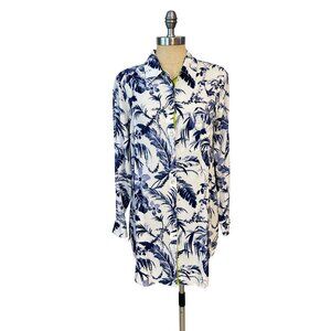 Soft Surroundings Floral Button-Up Tunic Shirt Long Sleeve Blue White Medium